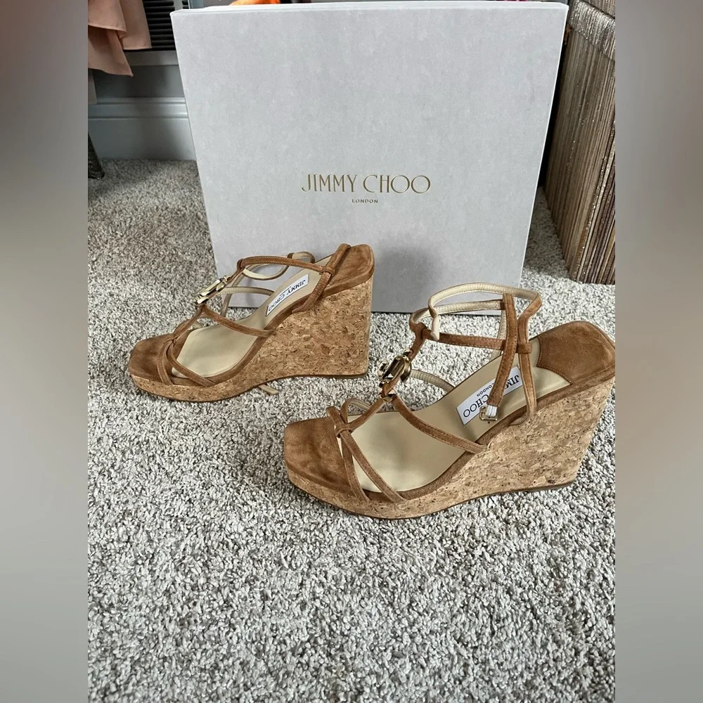 Jimmy Choo Brown Suede Cork Wedge Sandals with Gold Accent